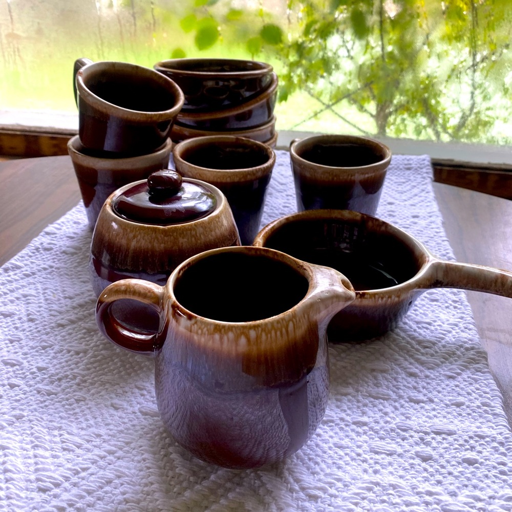 Vintage McCoy pottery set brown drip glaze design.
